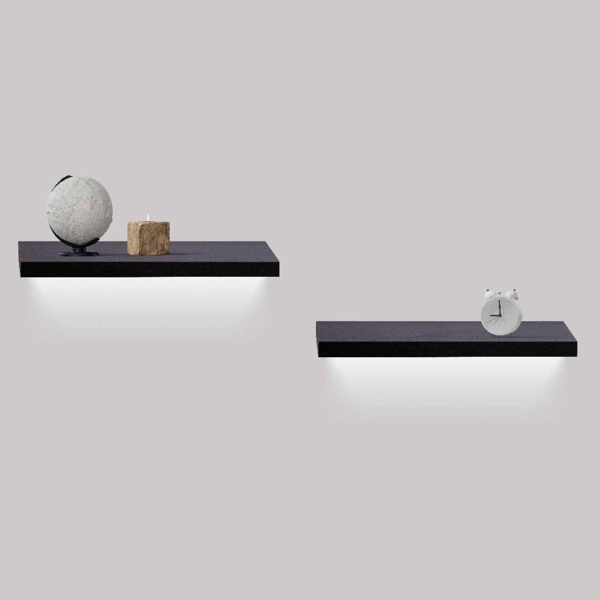 18.11" Floating Wall Shelves with LED Lighting – Black Wood Shelves with Invisible Brackets for Bathroom, Bedroom, Kitchen & Living Room