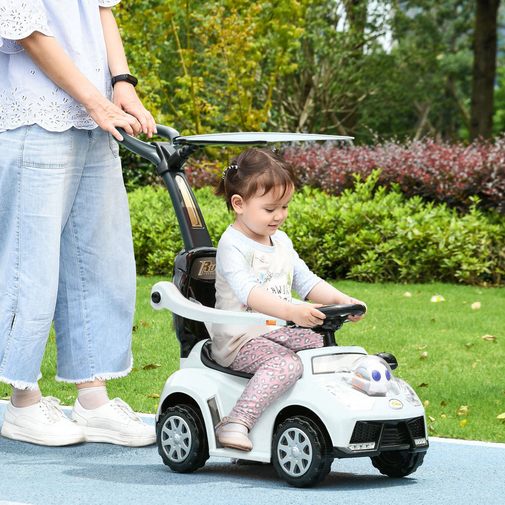 3-in-1 Baby Push Car — Robot Theme, Canopy, Music, Horn & Safety Guardrail, White