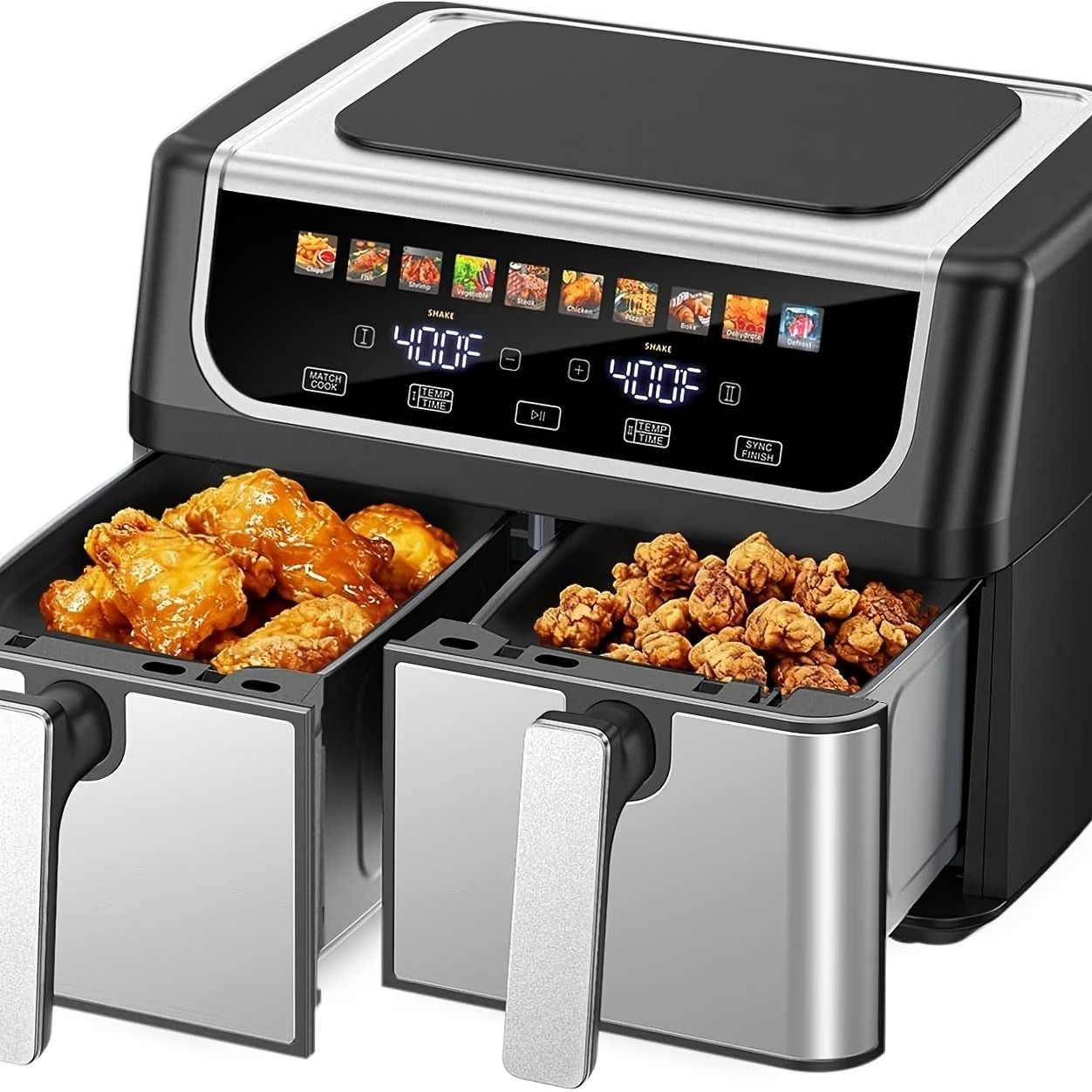 9.5 Quart Dual Basket Air Fryer – Independent Temp Control, Sync Mode, 10 Presets, Shake Reminder