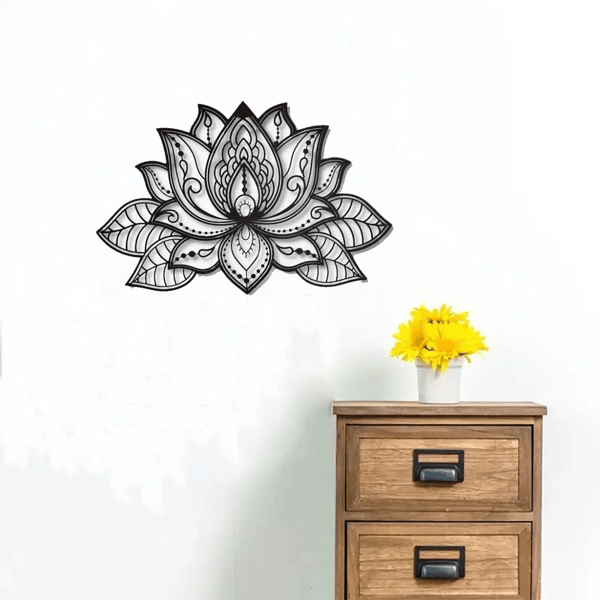 Black Metal Lotus Flower Wall Art – Boho Mandala Decor for Home & Meditation Spaces