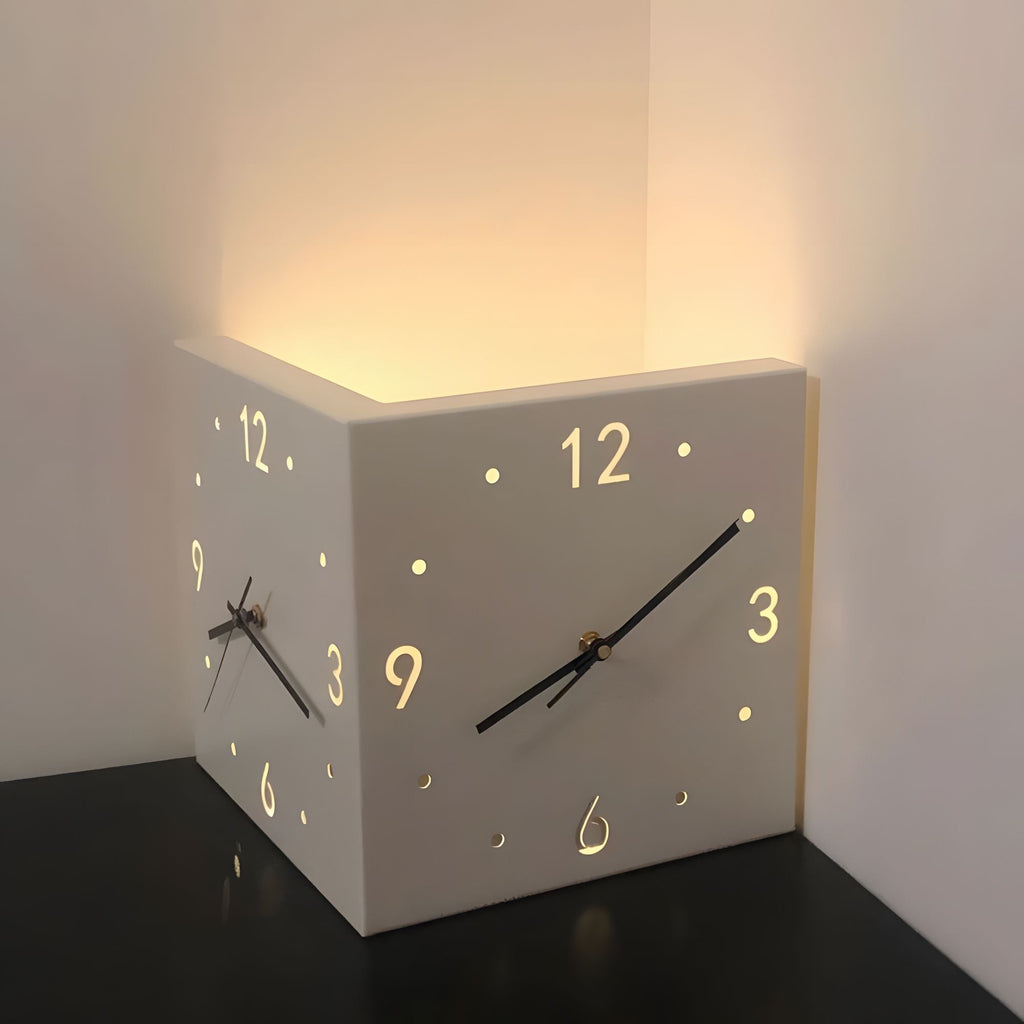 Nordic Modern Corner Wall Clock – Minimalist Cube Clock with Sensor Night Light
