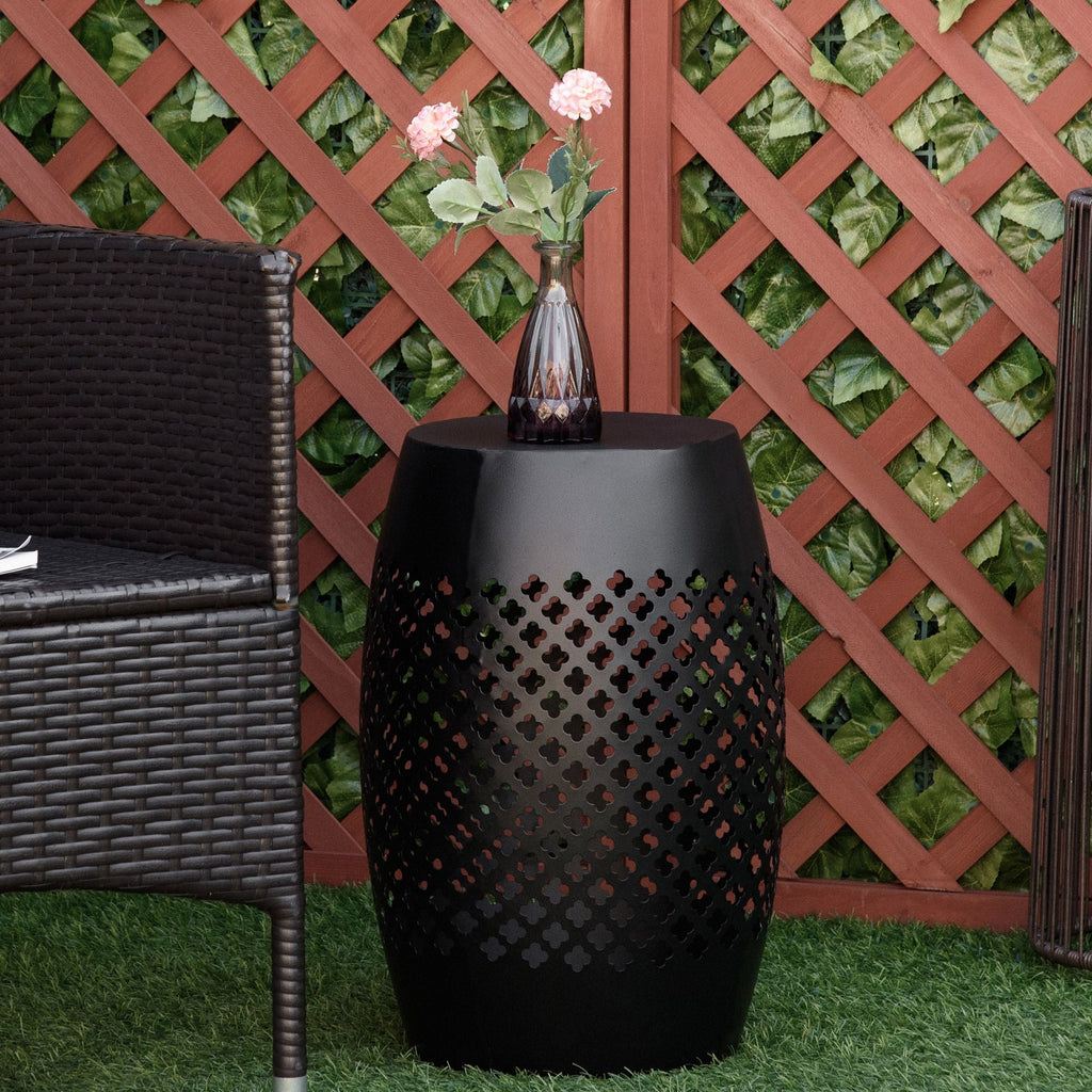 12.5" Steel Outdoor Side Table | Round Hollow Drum Patio Accent Table, Black
