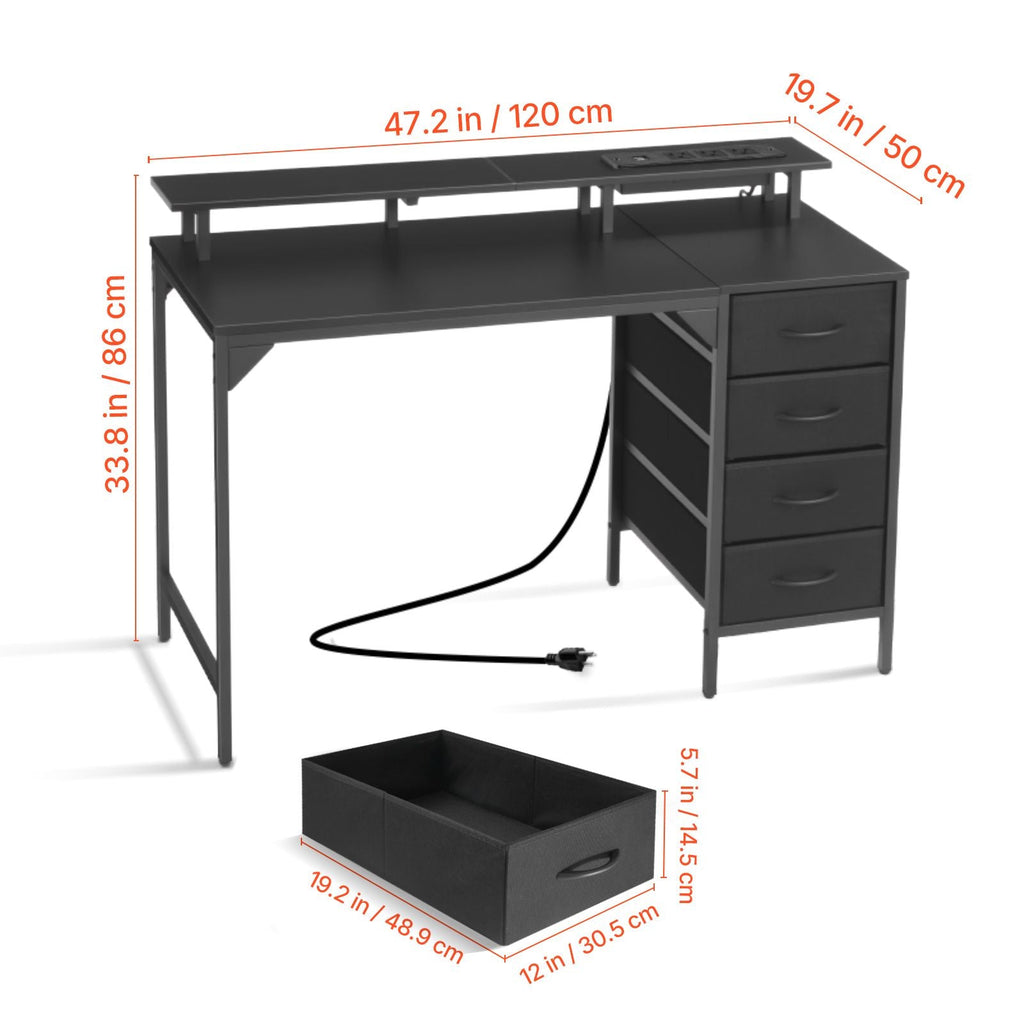 47" LED Gaming Desk with Power Outlets, Monitor Stand & 4 Drawers – Home Office & Gaming, Black