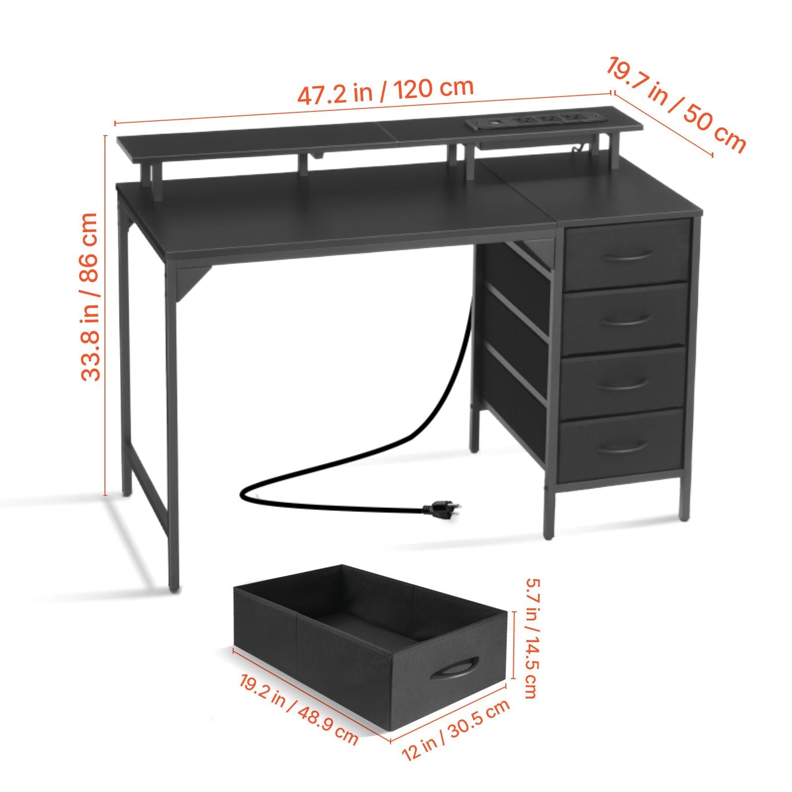 47" LED Gaming Desk with Power Outlets, Monitor Stand & 4 Drawers – Home Office & Gaming, Black