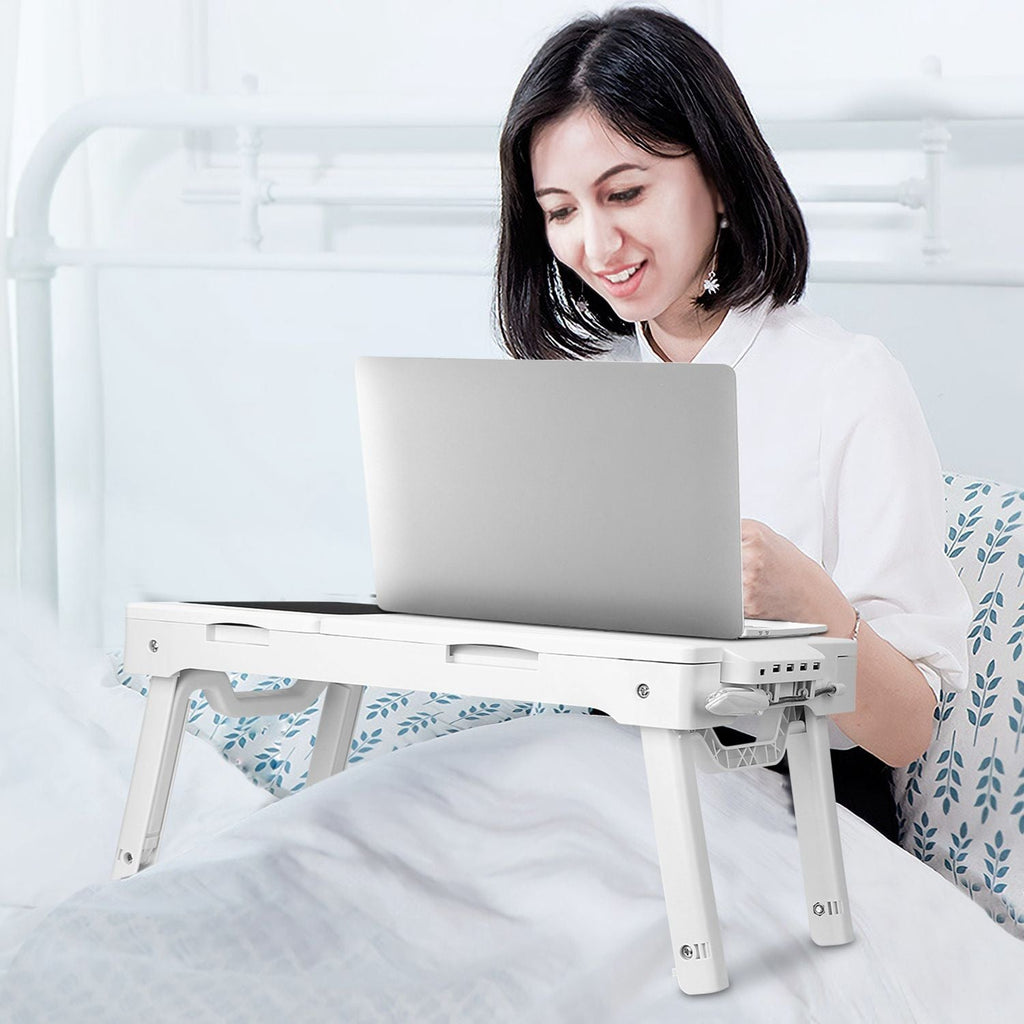 Foldable Laptop Table with Cooling Fan – Adjustable Bed Desk with LED Light, Mouse Pad & 4 USB Ports
