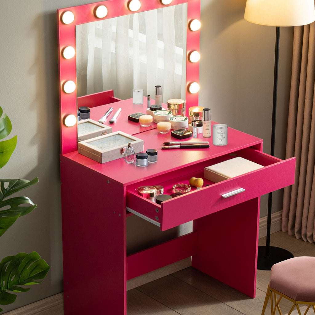 Hot Pink Vanity Desk with Lighted Mirror & Large Drawer