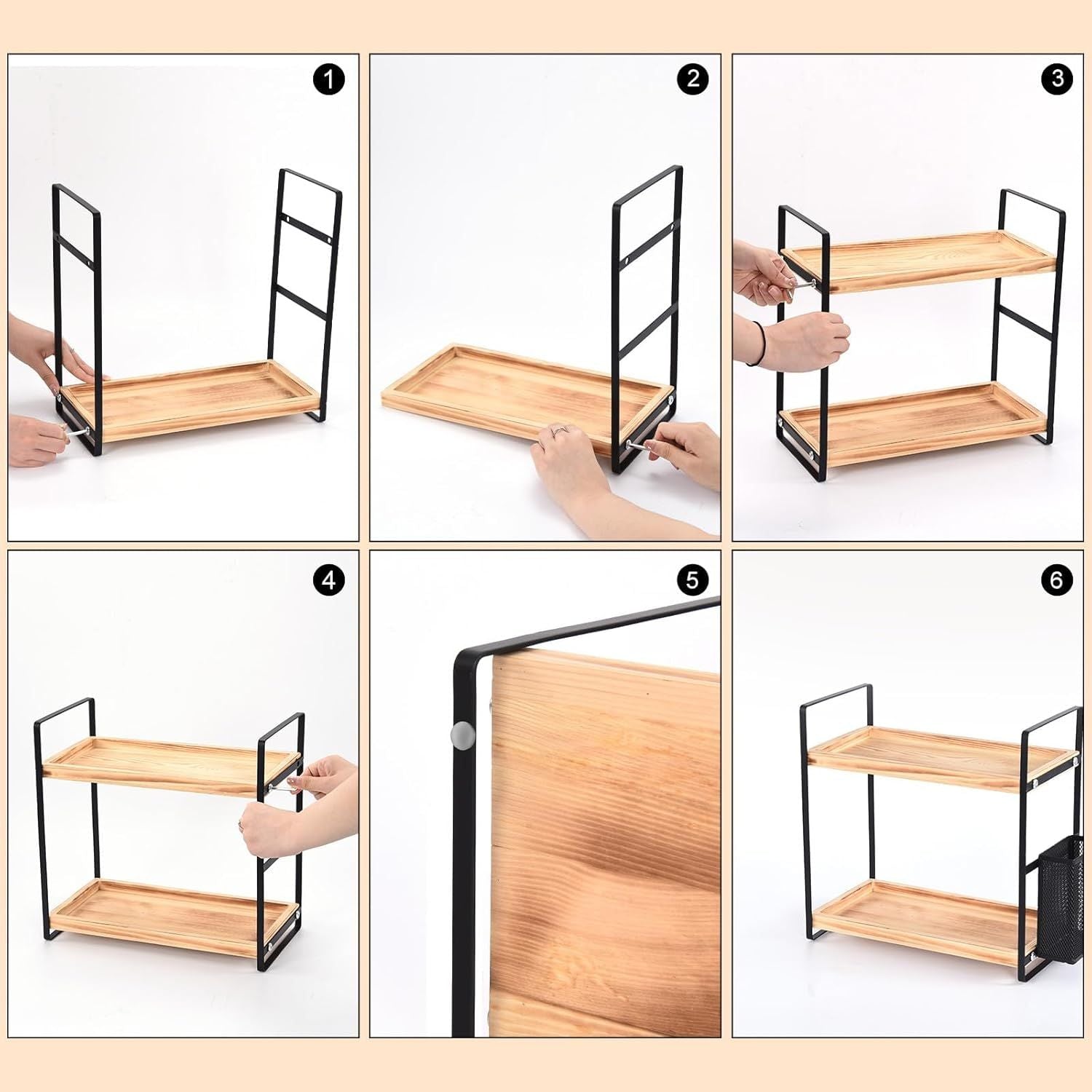 Tier Bathroom Countertop Organizer with Side Basket | Wood & Metal Storage Shelf