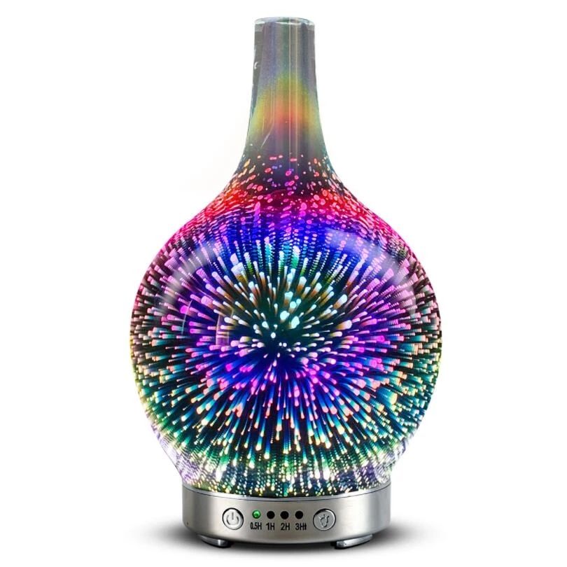 Diffuseur d'huiles essentielles en verre 3D effet feux d'artifice – Veilleuse LED 7 couleurs et humidificateur à brume froide (100 ml)