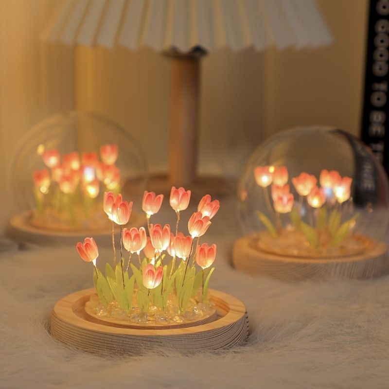 Tulip Glass Dome Night Light – LED Flower Lamp Gift for Women Mom Birthday Christmas