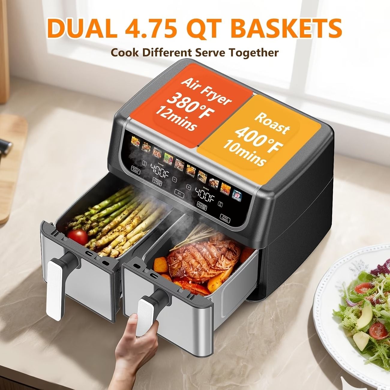 9.5 Quart Dual Basket Air Fryer – Independent Temp Control, Sync Mode, 10 Presets, Shake Reminder