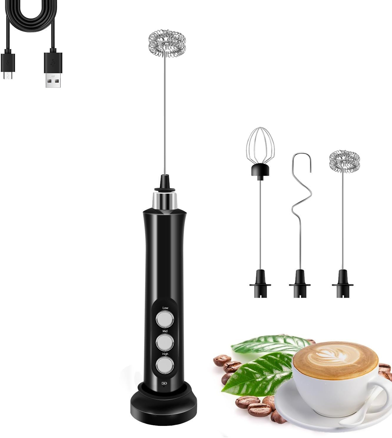 Rechargeable Handheld Milk Frother – 3 Detachable Stainless Steel Whisks, 3‑Speed Electric Foam Maker with Storage & Charging Base