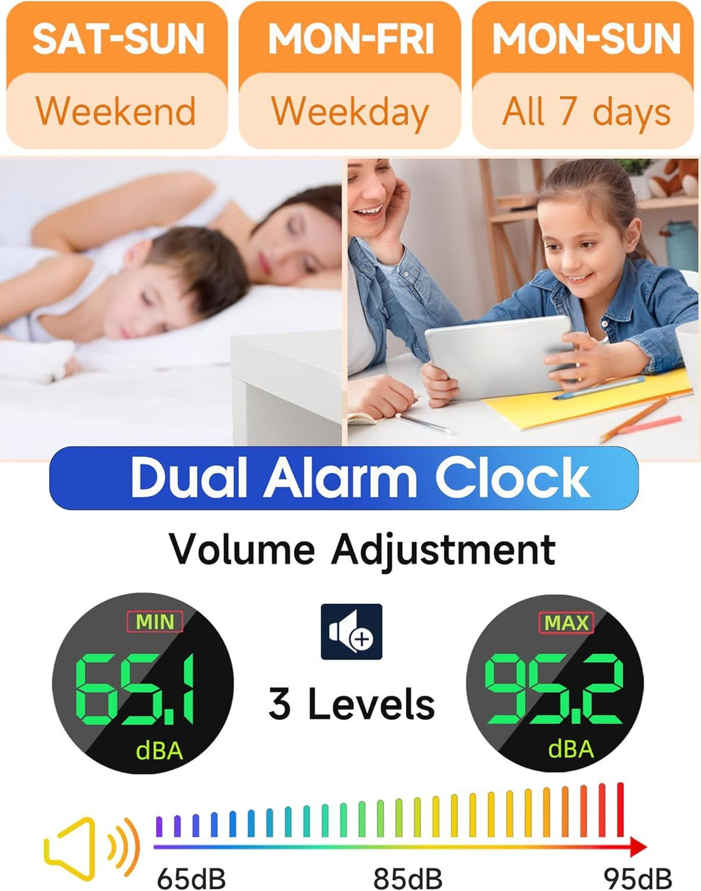 Réveil extra fort pour gros dormeurs adultes, adolescents, enfants, horloge arc-en-ciel pour chambres à coucher, petite horloge numérique de chevet avec grand écran, veilleuse 7 couleurs, 12/24h (noir+dynamique)