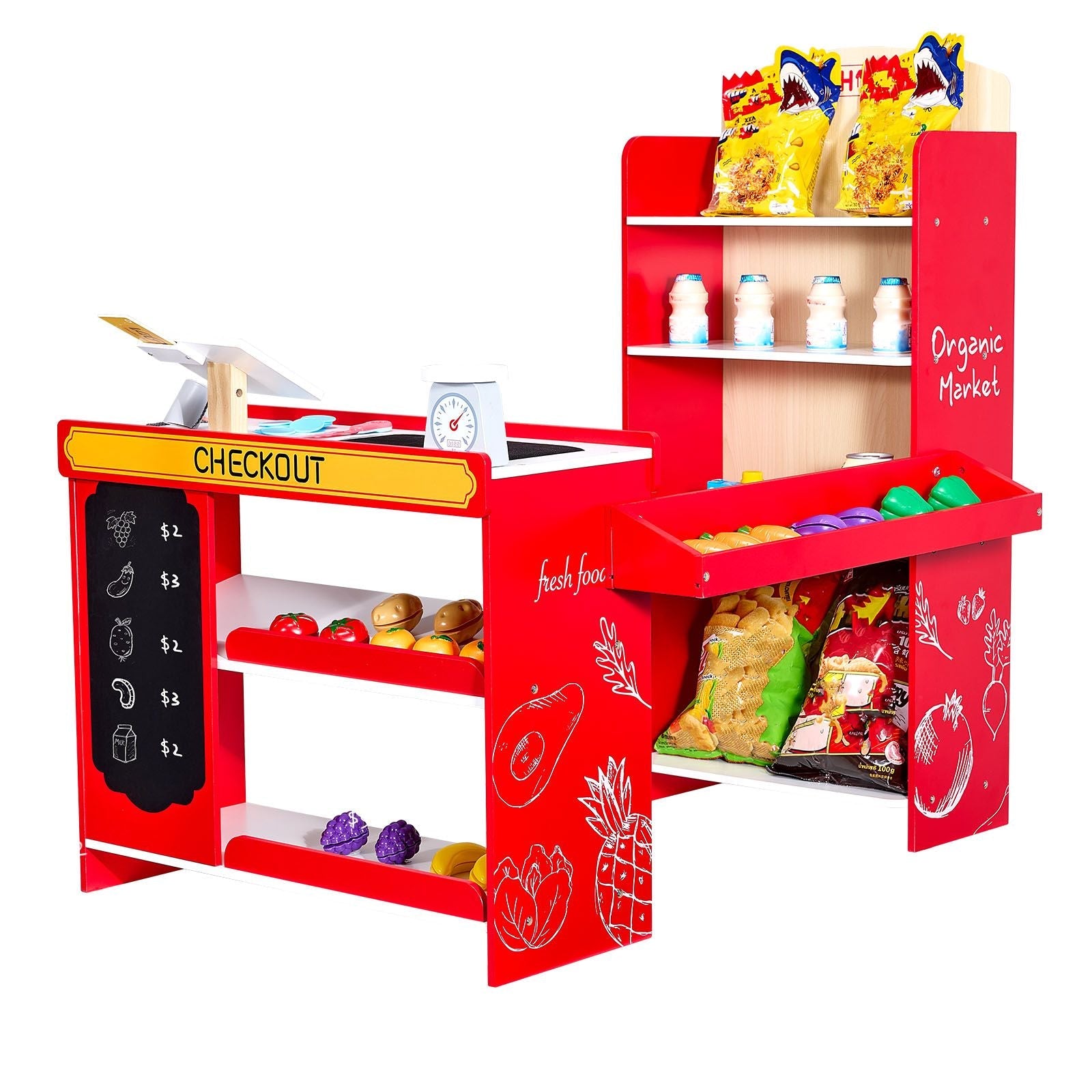 Kids Wooden Grocery Store Playset — Conveyor Belt, Scanner, Cash Register & 35 Accessories