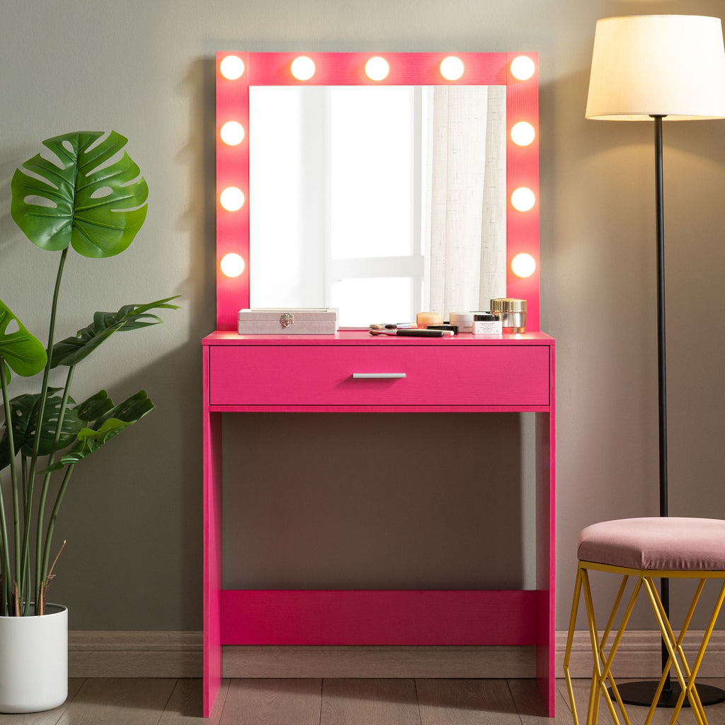 Hot Pink Vanity Desk with Lighted Mirror & Large Drawer