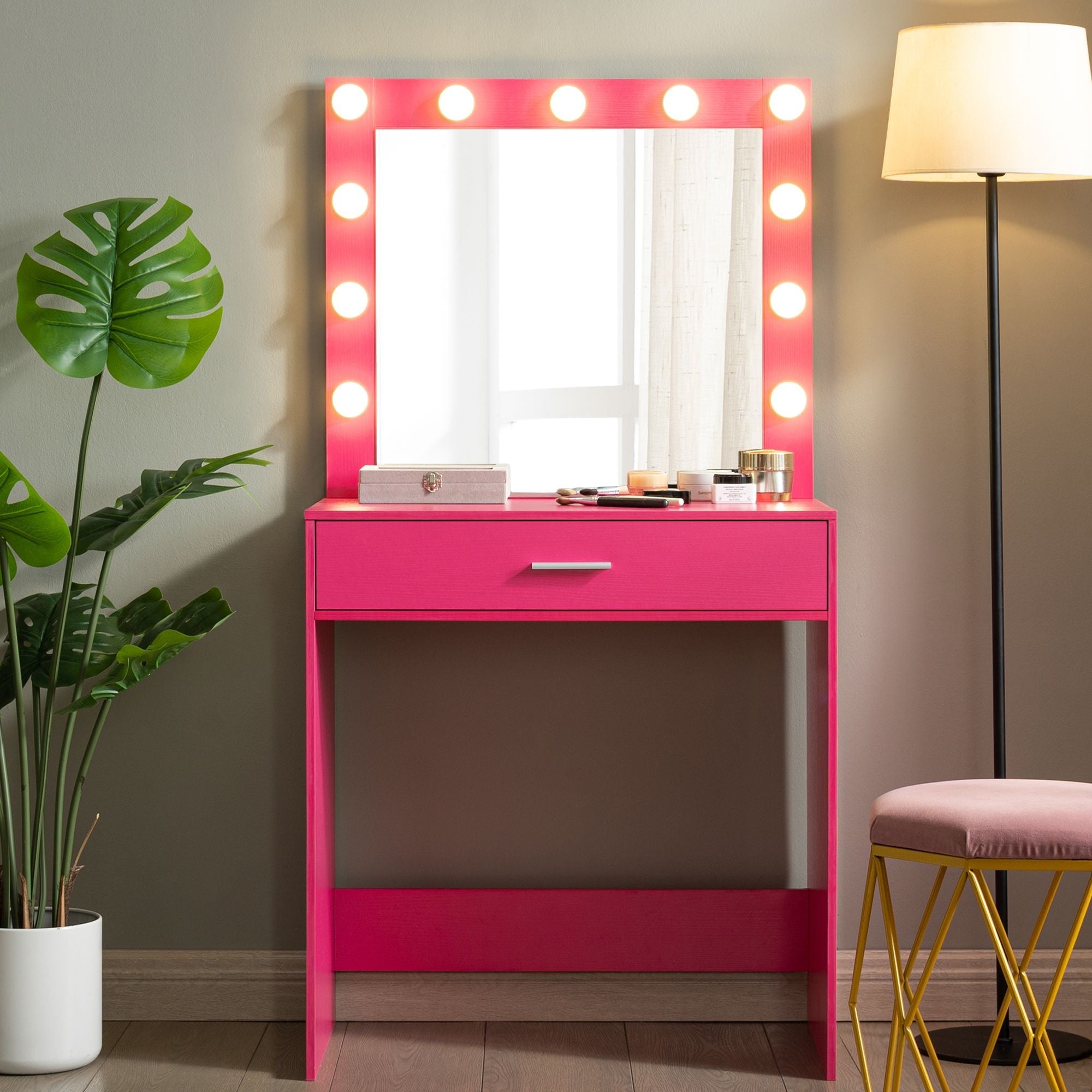 Hot Pink Vanity Desk with Lighted Mirror & Large Drawer