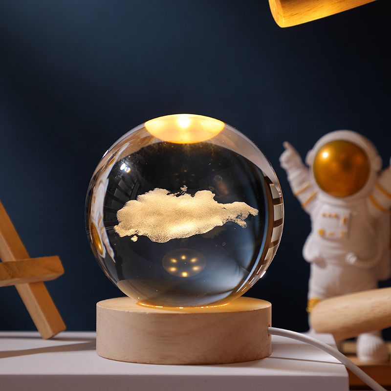 3D Crystal Ball Night Light – Galaxy & Space Desktop Lamp with Wood Base