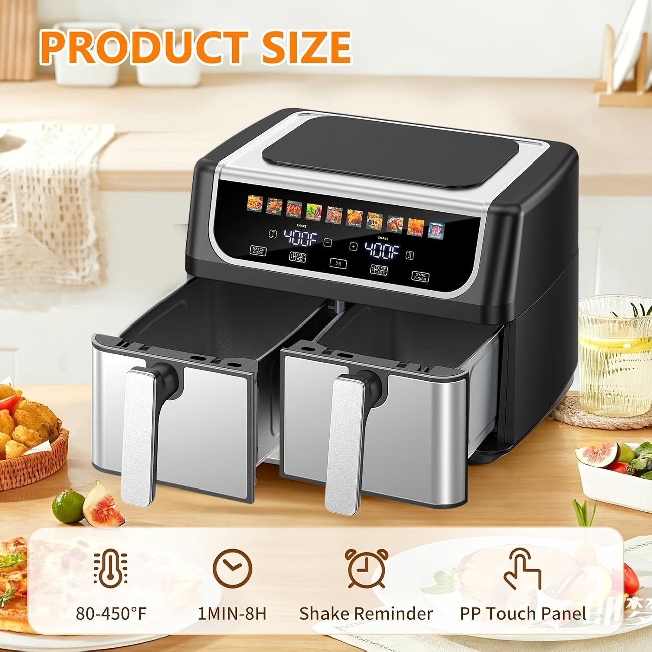 9.5 Quart Dual Basket Air Fryer – Independent Temp Control, Sync Mode, 10 Presets, Shake Reminder