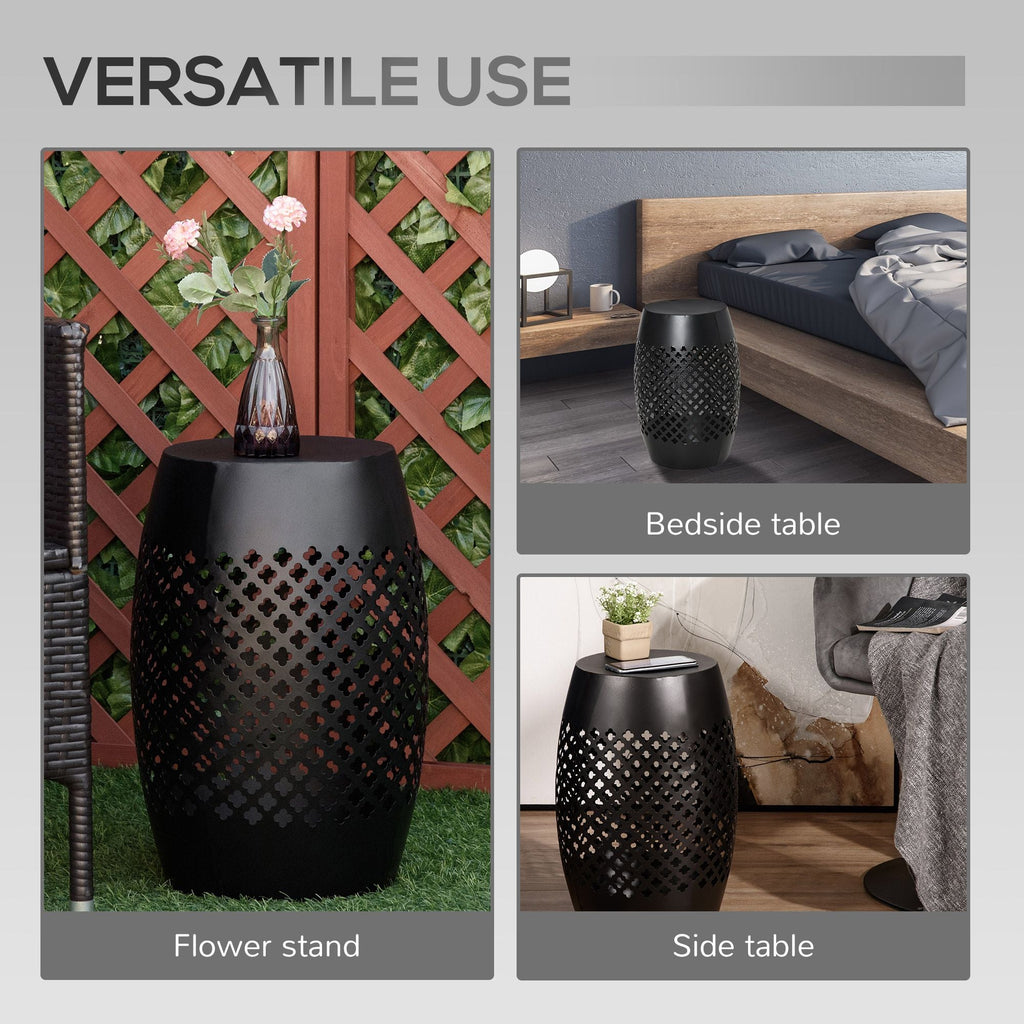 12.5" Steel Outdoor Side Table | Round Hollow Drum Patio Accent Table, Black