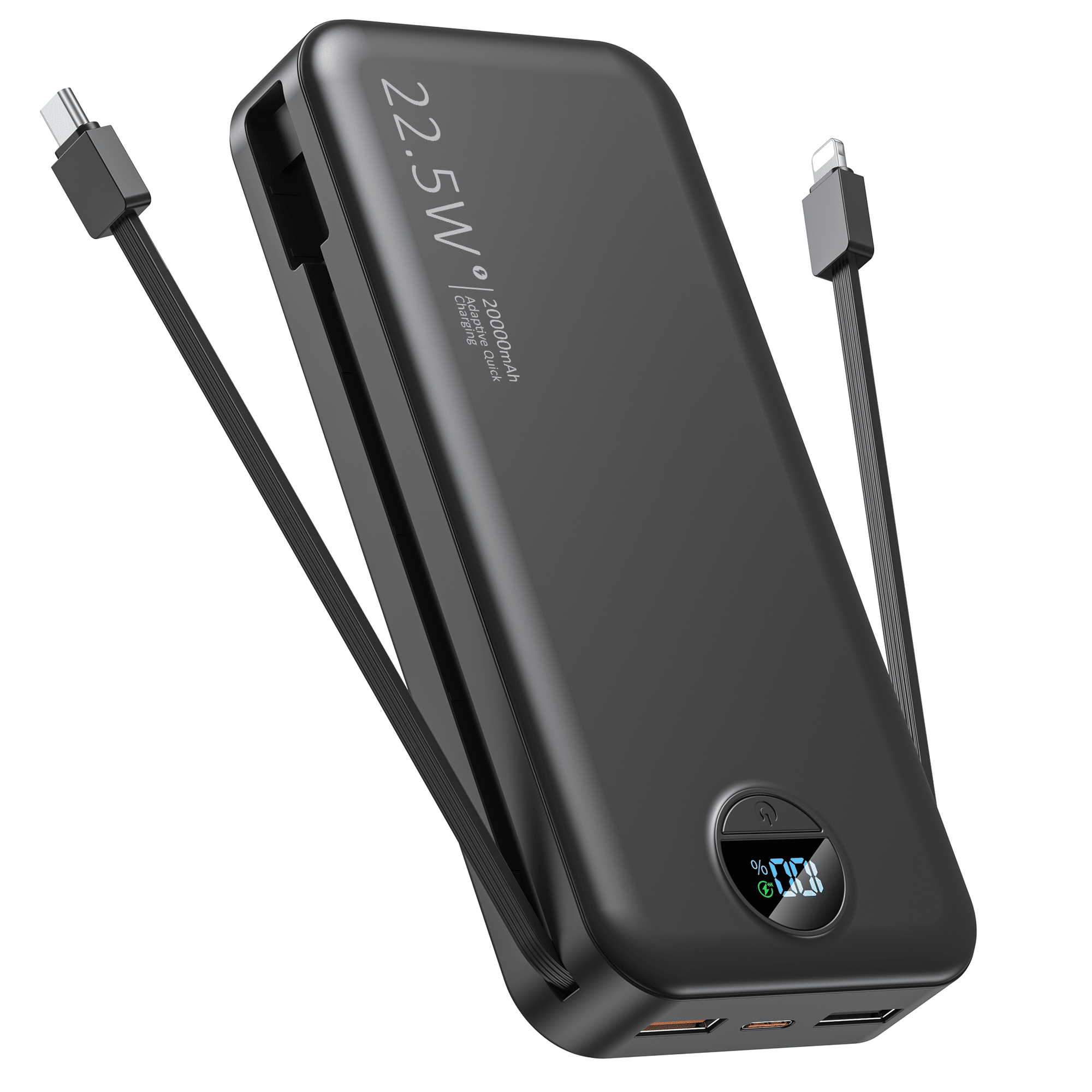 20000mAh Portable Charger with Built‑In Cables – High‑Speed Slim Power Bank with USB‑C & Lightning