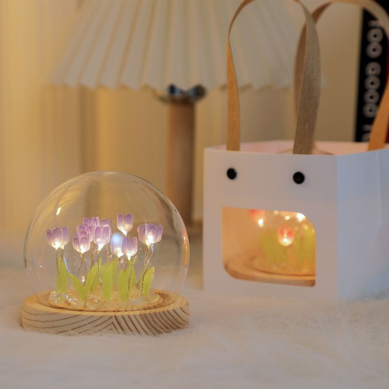 Tulip Glass Dome Night Light – LED Flower Lamp Gift for Women Mom Birthday Christmas
