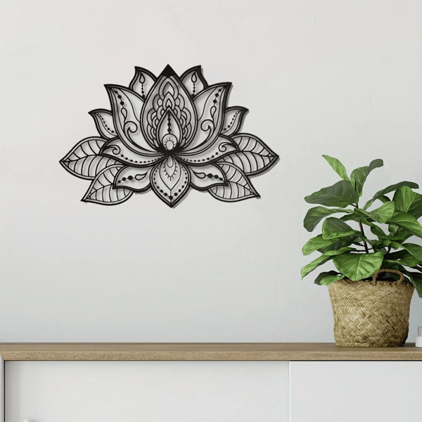 Black Metal Lotus Flower Wall Art – Boho Mandala Decor for Home & Meditation Spaces