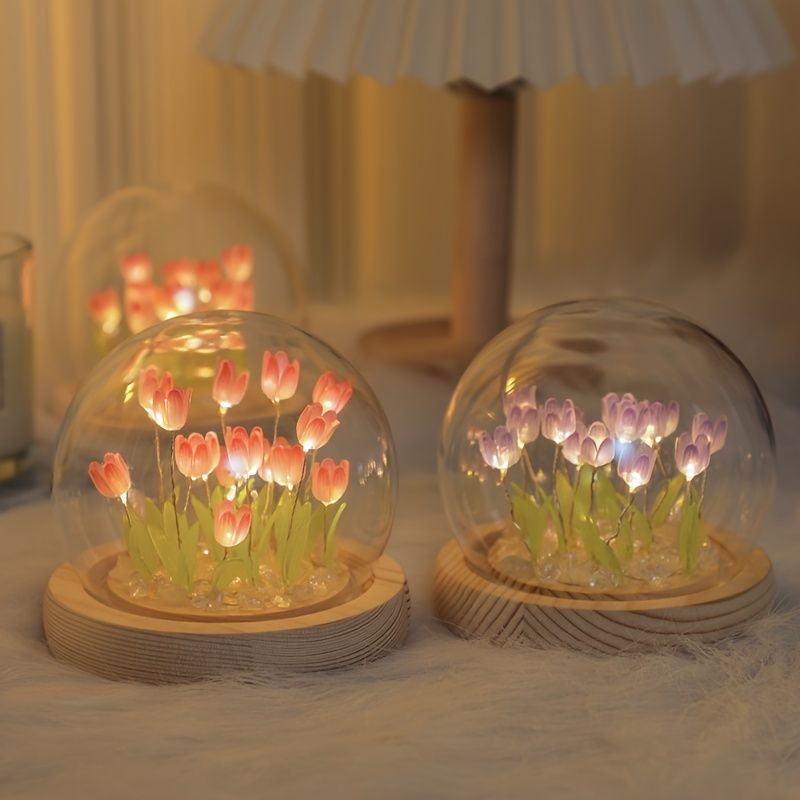 Tulip Glass Dome Night Light – LED Flower Lamp Gift for Women Mom Birthday Christmas