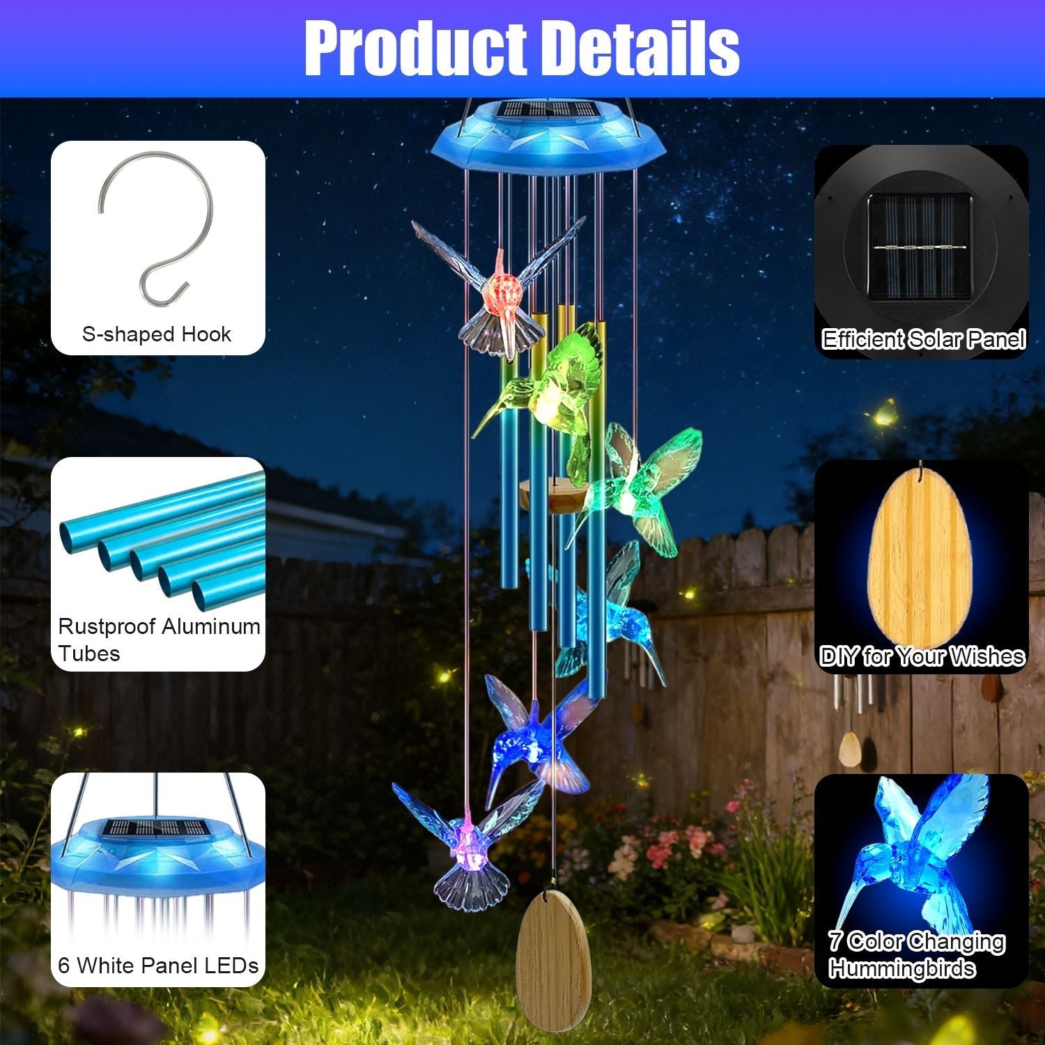 Solar Butterfly & Hummingbird Wind Chime – Aluminum Tubes, 7 Color LED, IP44 Waterproof