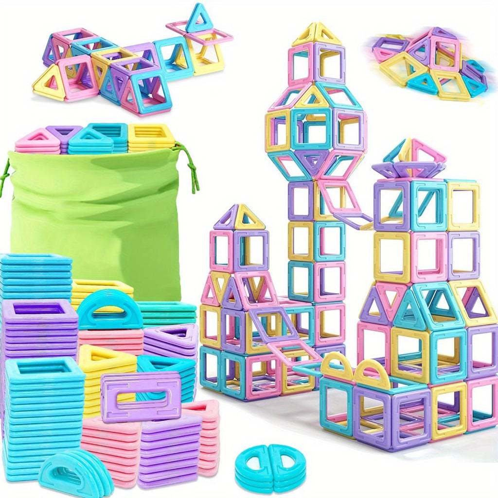 Macaron Color Magnetic Building Blocks – Large Educational Construction Set with Storage Bag for Kids
