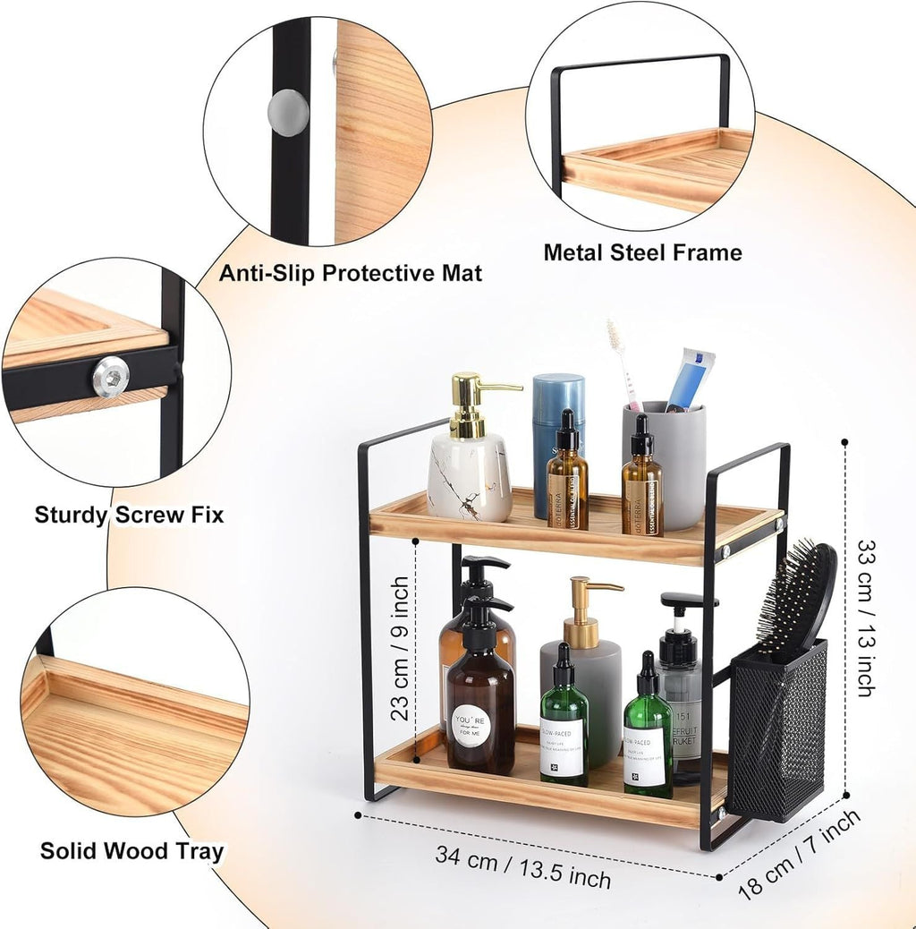 Tier Bathroom Countertop Organizer with Side Basket | Wood & Metal Storage Shelf