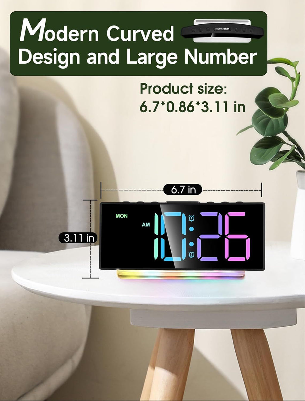 Réveil extra fort pour gros dormeurs adultes, adolescents, enfants, horloge arc-en-ciel pour chambres à coucher, petite horloge numérique de chevet avec grand écran, veilleuse 7 couleurs, 12/24h (noir+dynamique)