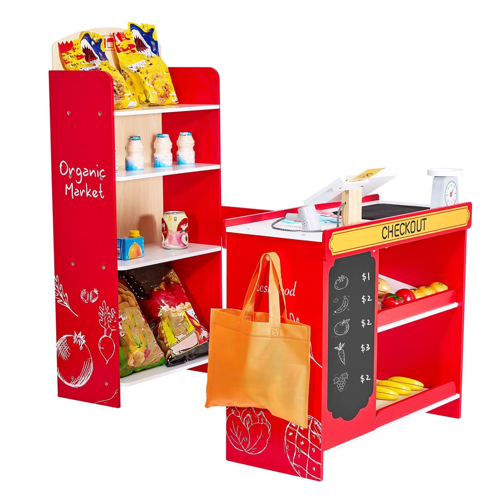 Kids Wooden Grocery Store Playset — Conveyor Belt, Scanner, Cash Register & 35 Accessories