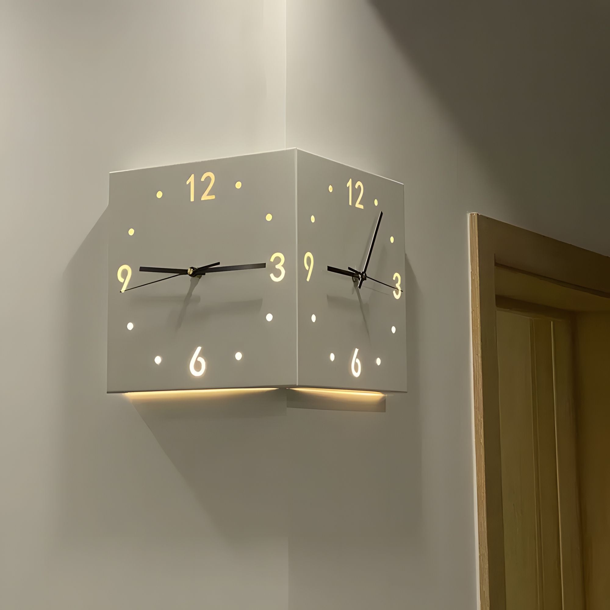 Nordic Modern Corner Wall Clock – Minimalist Cube Clock with Sensor Night Light