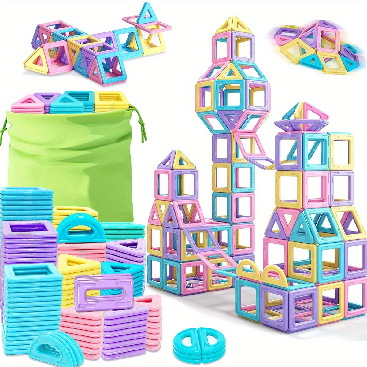 Macaron Color Magnetic Building Blocks – Large Educational Construction Set with Storage Bag for Kids