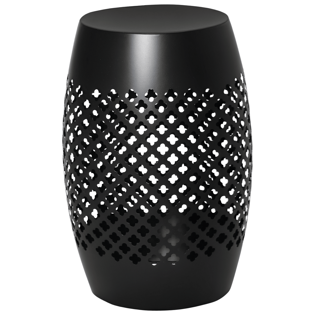 12.5" Steel Outdoor Side Table | Round Hollow Drum Patio Accent Table, Black