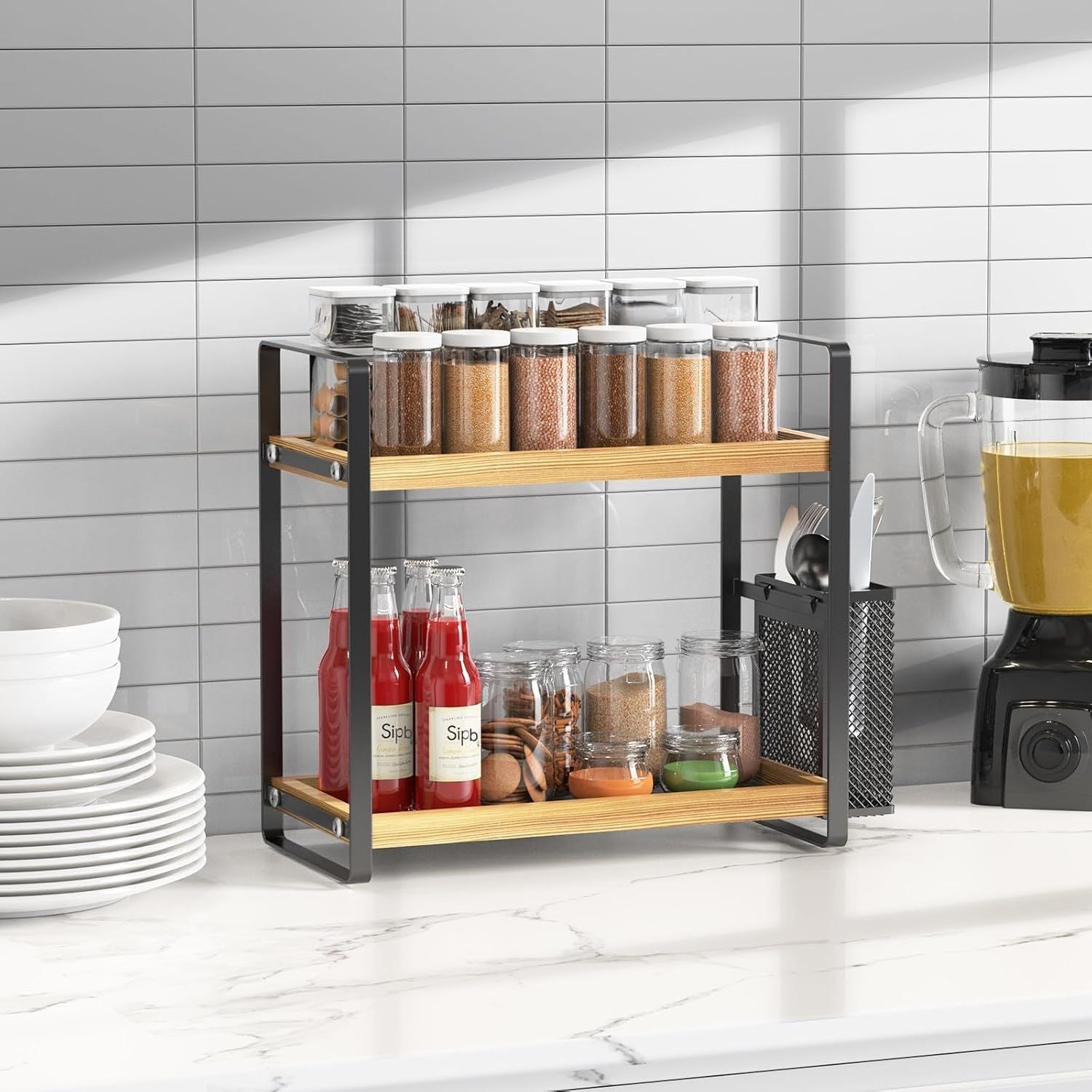 Tier Bathroom Countertop Organizer with Side Basket | Wood & Metal Storage Shelf