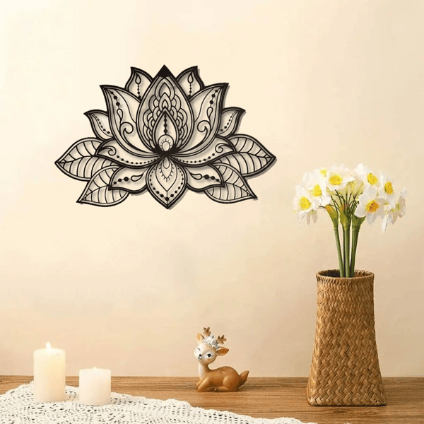 Black Metal Lotus Flower Wall Art – Boho Mandala Decor for Home & Meditation Spaces