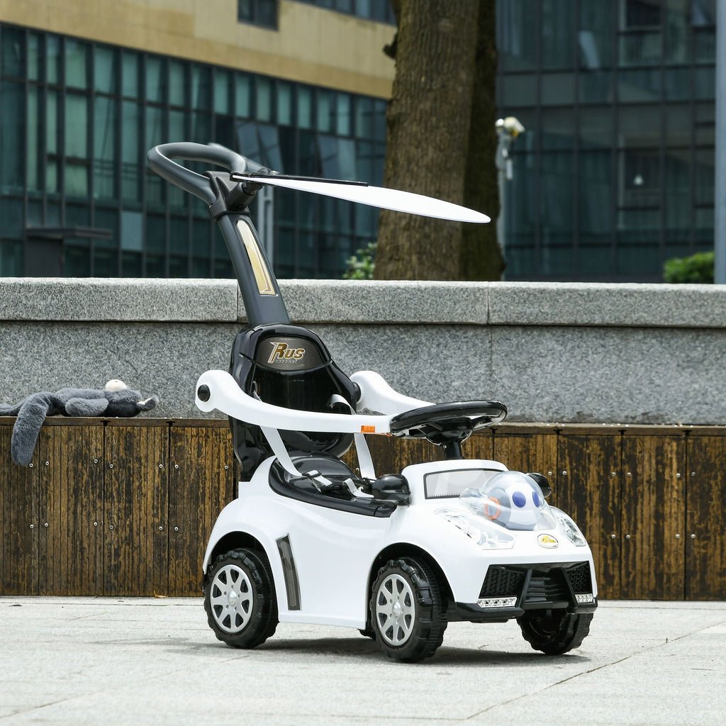 3-in-1 Baby Push Car — Robot Theme, Canopy, Music, Horn & Safety Guardrail, White