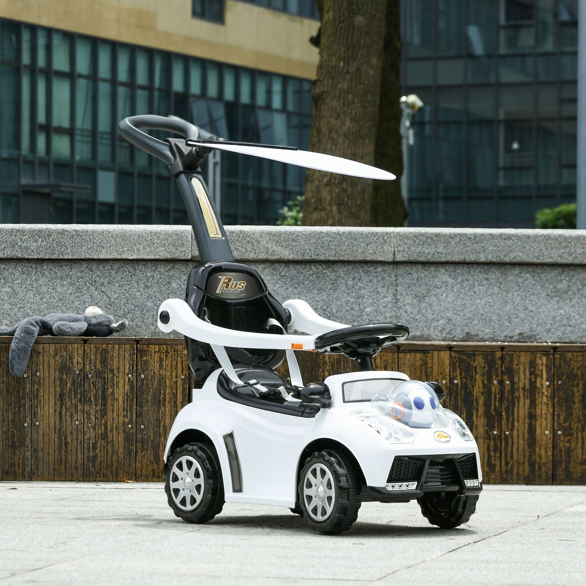 3-in-1 Baby Push Car — Robot Theme, Canopy, Music, Horn & Safety Guardrail, White