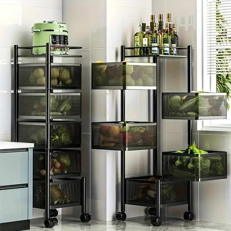 5-Tier Rotating Kitchen Storage Shelf on Wheels – Metal Multi-Purpose Organizer