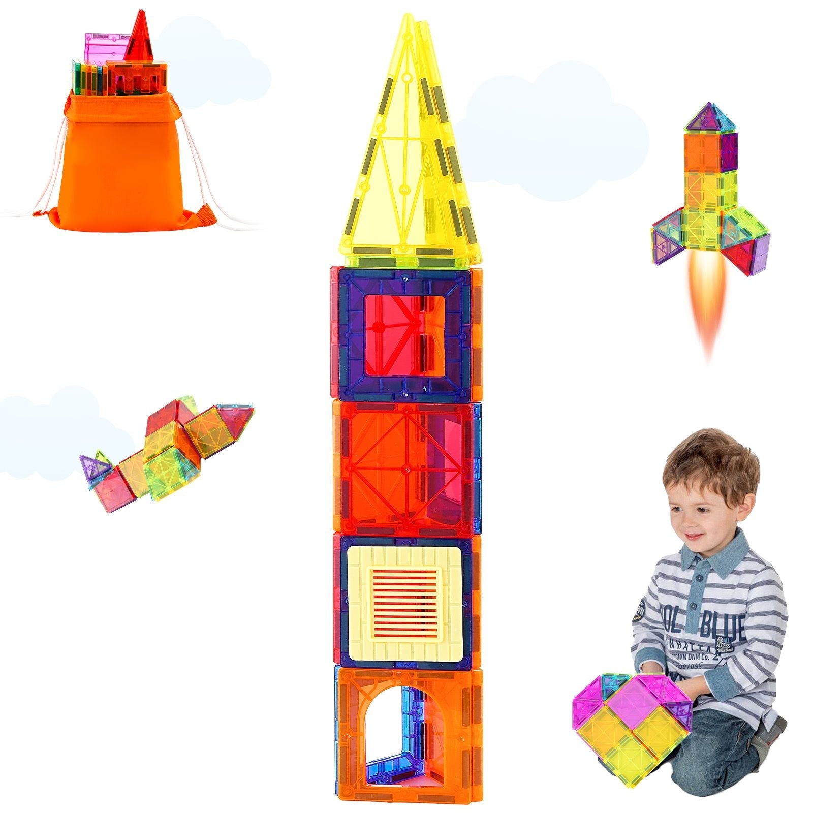 Magnetic Tiles – 55‑Piece STEM Building Set with Car Base & Number Cards (Ages 4+)