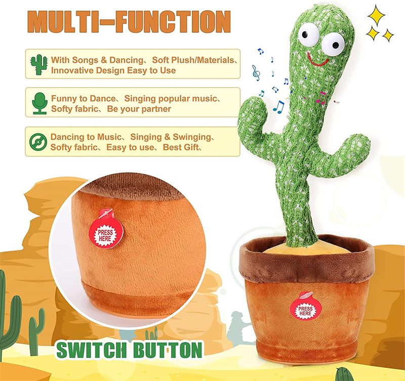 Dancing Cactus Plush Toy – Singing Recording LED Light Kids Educational Gift
