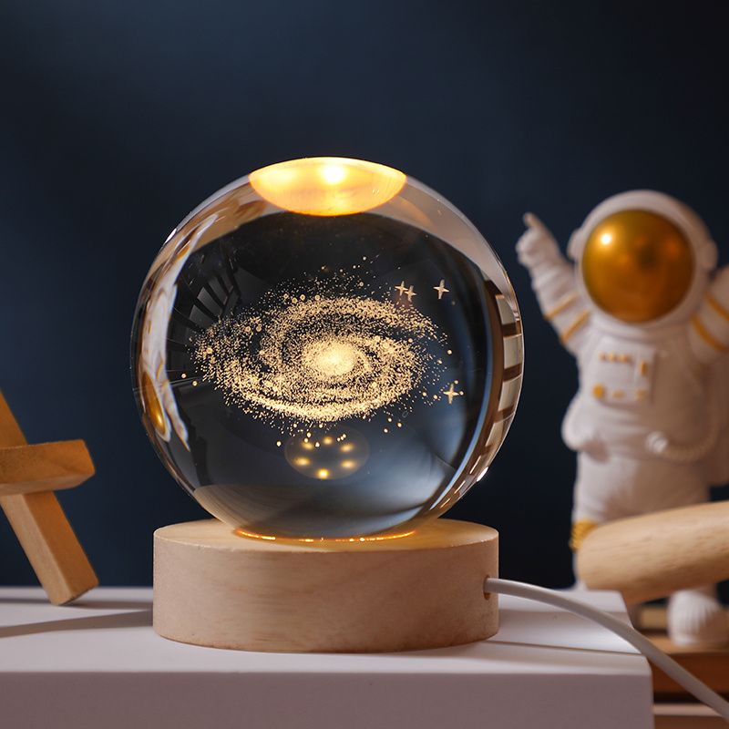 3D Crystal Ball Night Light – Galaxy & Space Desktop Lamp with Wood Base