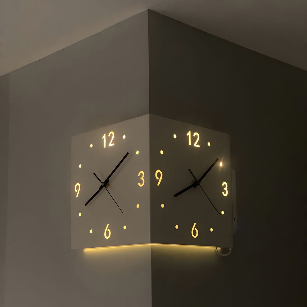 Nordic Modern Corner Wall Clock – Minimalist Cube Clock with Sensor Night Light