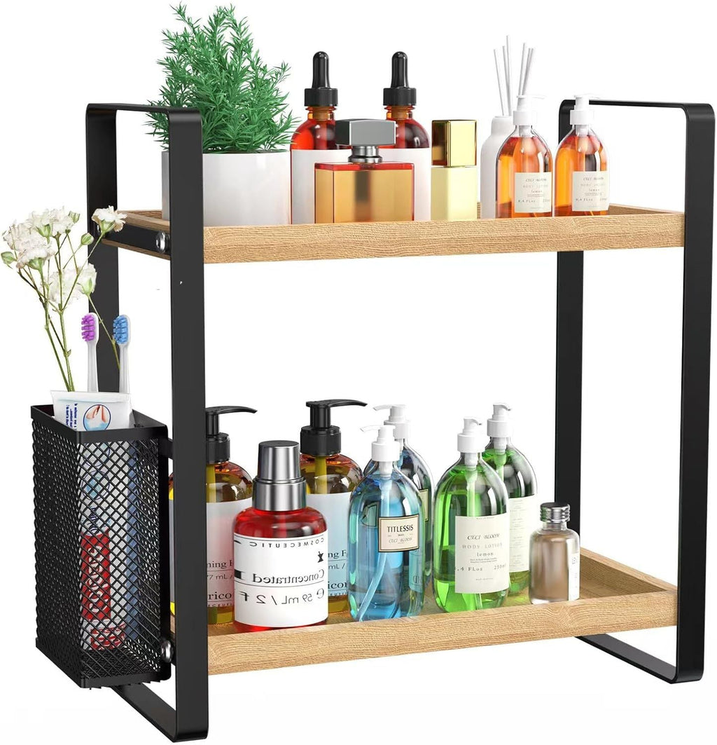 Tier Bathroom Countertop Organizer with Side Basket | Wood & Metal Storage Shelf