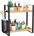 Tier Bathroom Countertop Organizer with Side Basket | Wood & Metal Storage Shelf