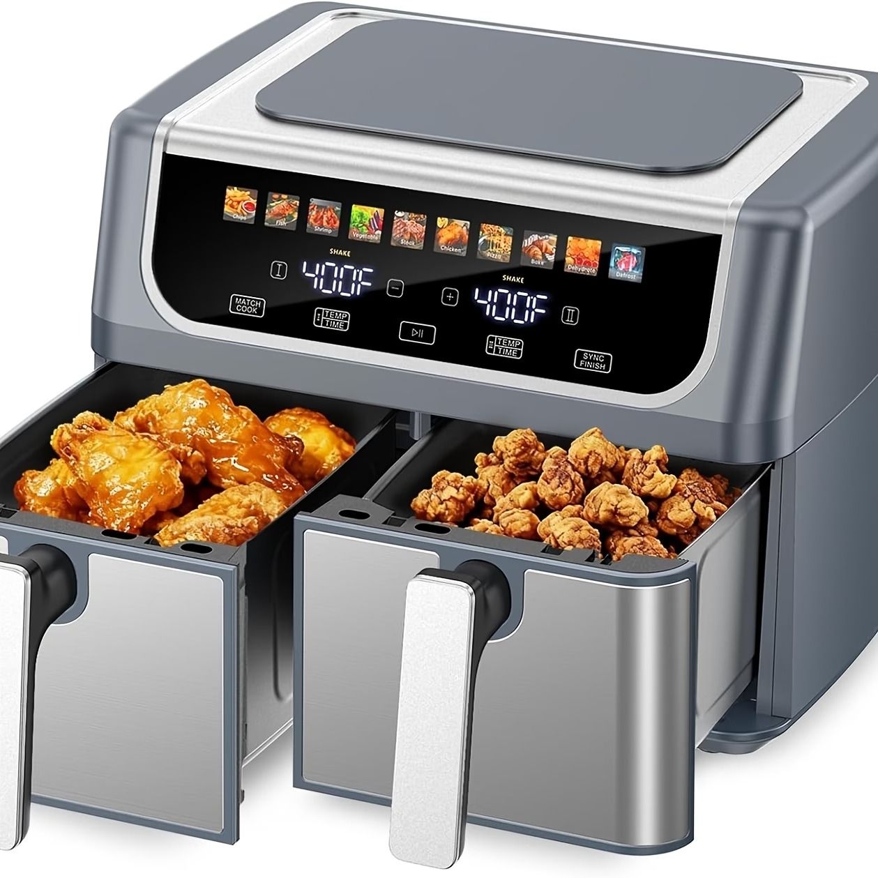 9.5 Quart Dual Basket Air Fryer – Independent Temp Control, Sync Mode, 10 Presets, Shake Reminder