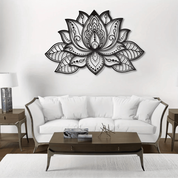 Black Metal Lotus Flower Wall Art – Boho Mandala Decor for Home & Meditation Spaces