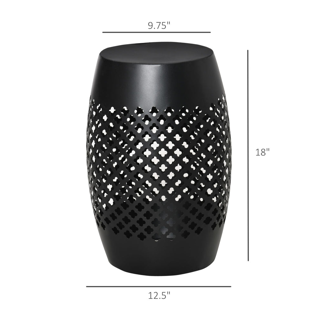 12.5" Steel Outdoor Side Table | Round Hollow Drum Patio Accent Table, Black