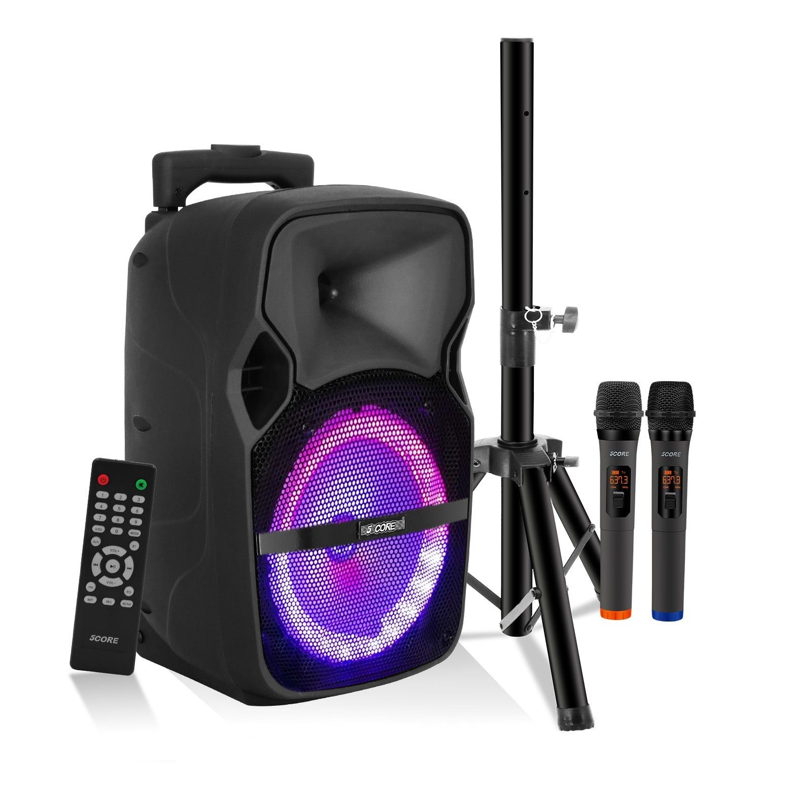 5 Core 250W Portable Bluetooth Party Speaker – Rechargeable PA System with Disco Lights, 2 Wireless Mics & Tripod Stand