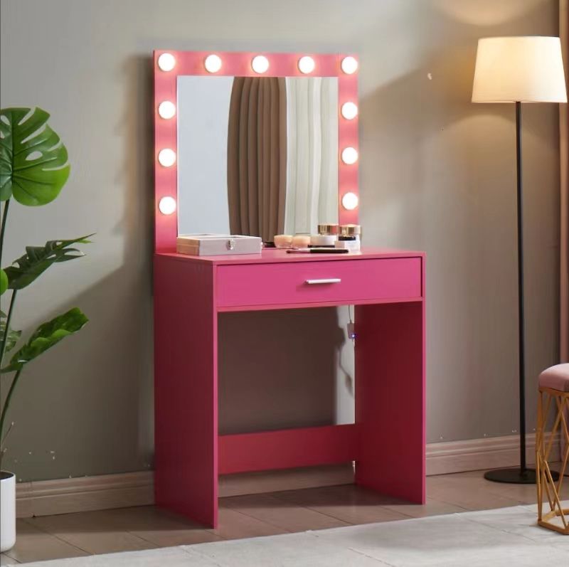Hot Pink Vanity Desk with Lighted Mirror & Large Drawer